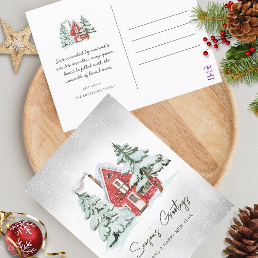 Nordic Red Barn Snowflakes Pine Forest Kerstmis Feestdagenkaart