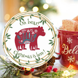 Nordic Red Beer Groene krans Kerstmiscitaat Ronde Sticker