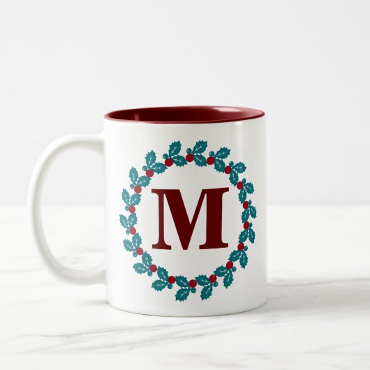 Nordic Red Blue Holiday Wreatmonogram Initiaal Tweekleurige Koffiemok (Links)