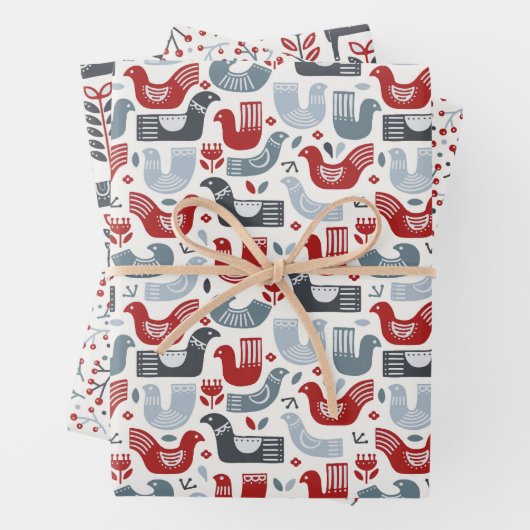 Nordic Red en Blue Winter Pattern Inpakpapier Vel (In situ)