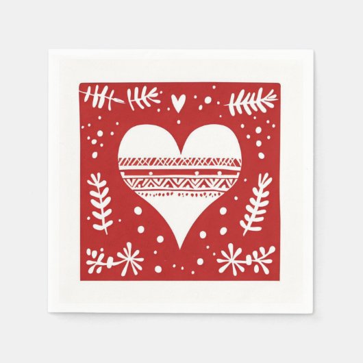 Nordic Red en White Christmas Heart Servet (Voorkant)