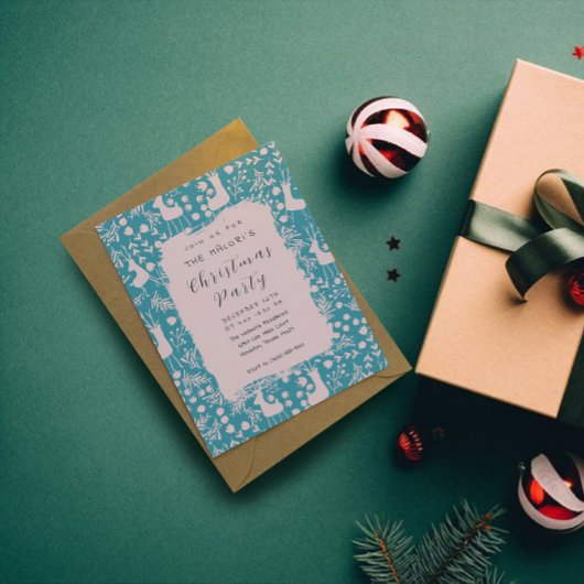 Nordic Reindeer Floral | Blush on Teal Christmas Kaart