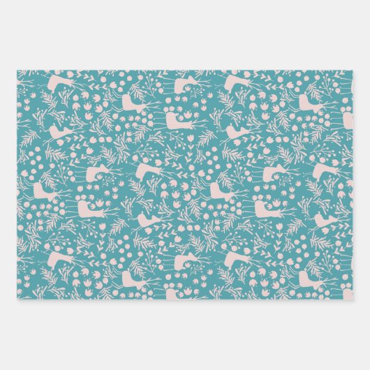 Nordic Reindeer Floral | Blush on Teal Christmas P Inpakpapier Vel (Voorkant 2)