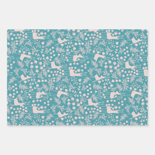 Nordic Reindeer Floral | Blush on Teal Christmas P Inpakpapier Vel (Voorkant)