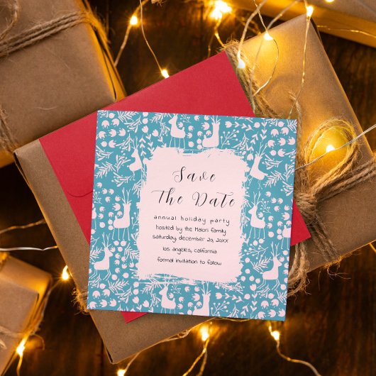 Nordic Reindeer Floral | Blush on Teal Christmas  Save The Date