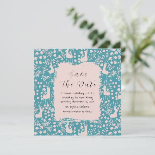 Nordic Reindeer Floral | Blush on Teal Christmas Save The Date (Staand voorkant)