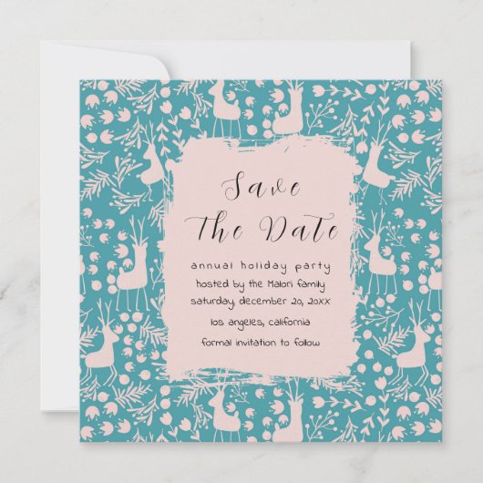 Nordic Reindeer Floral | Blush on Teal Christmas Save The Date (Voorkant)