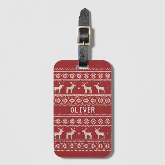 Nordic Reindeer Knit Pattern Personalized  Bagagelabel (Voorkant (verticaal))