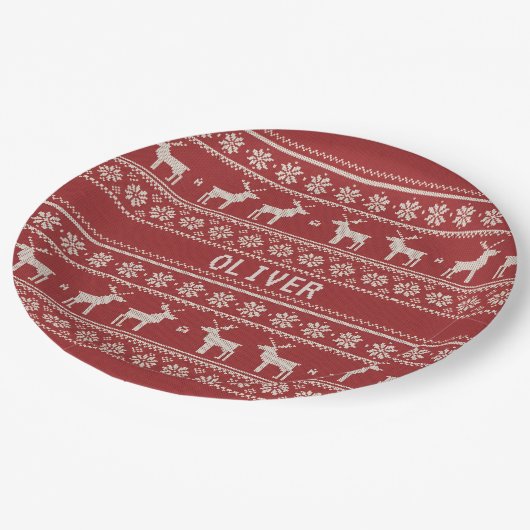 Nordic Reindeer Knit Pattern Personalized Papieren Bordje (Gekanteld)