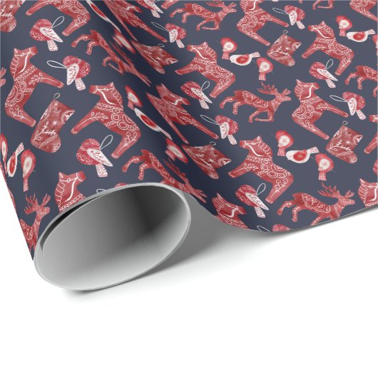 Nordic Scandi Pattern Folk Dala Horse Christmas  Cadeaupapier (Rol Hoek)