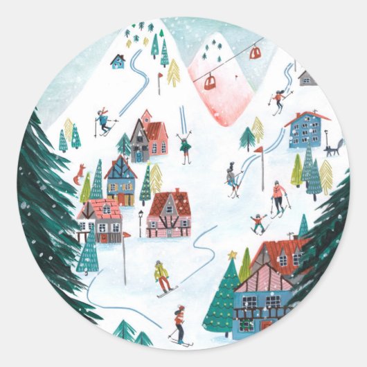 Nordic ski lodge schaatsen Kerstmis Ronde Sticker (Voorkant)