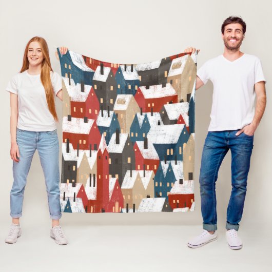 Nordic Snow Winter Town Pattern Fleece Deken (In situ)