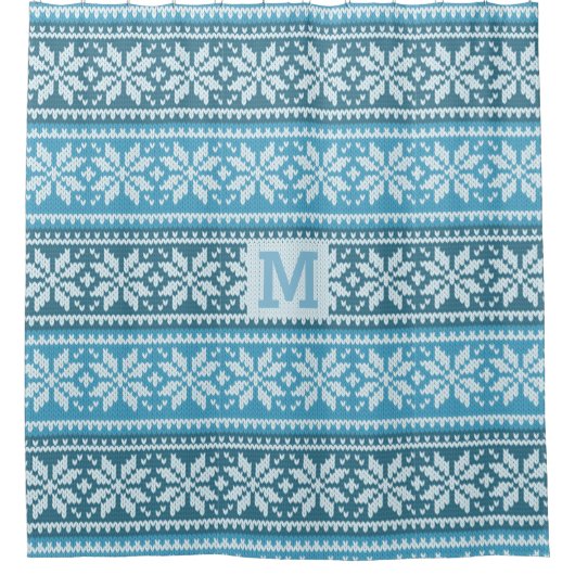 Nordic Snowflake Blue Faux Knit Sweater Monogram Douchegordijn (Voorkant)