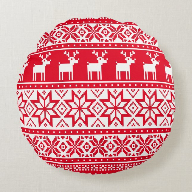 Nordic Snowflake Reindeer Ugly KerstSweater Rond Kussen (Voorkant)