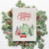 Nordic Snowy House en Red Car Kerstmis Feestdagenkaart