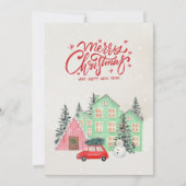 Nordic Snowy House en Red Car Kerstmis Feestdagenkaart (Voorkant)