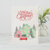 Nordic Snowy House en Red Car Kerstmis Feestdagenkaart (Staand voorkant)