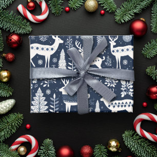 Nordic Style Herten Blauw Kerstmis Cadeaupapier
