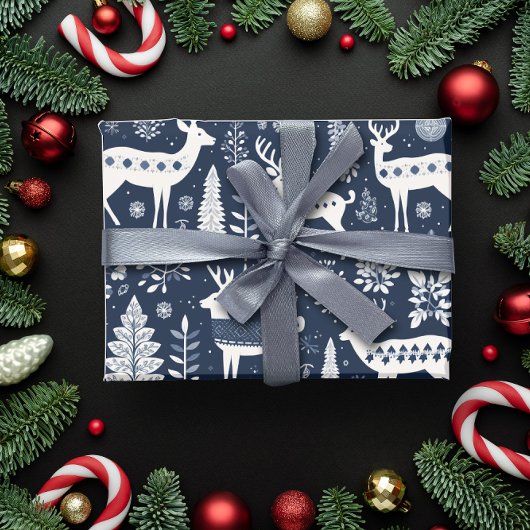 Nordic Style Herten Blauw Kerstmis Cadeaupapier