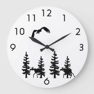 Nordic style pine trees silhouettes moose in black grote klok