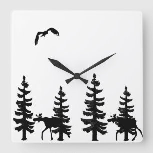 Nordic style pine trees silhouettes moose in black vierkante klok