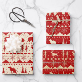 Nordic Sweater Beige and Gold Winter Animals Red Inpakpapier Vel