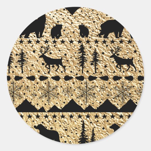 Nordic Sweater Black Winter Animals Gold Ronde Sticker (Voorkant)