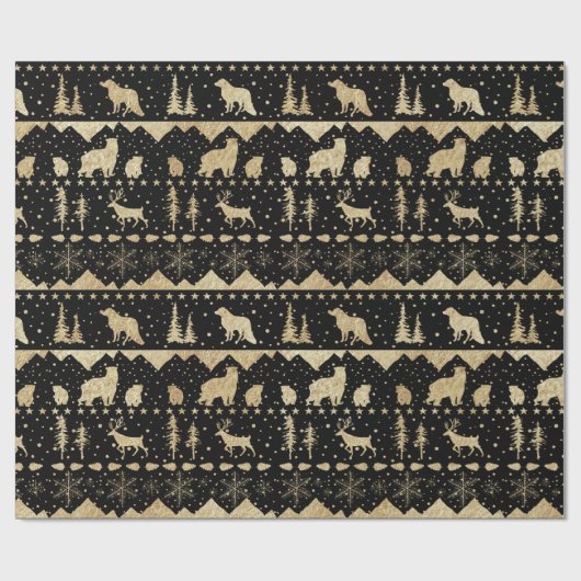 Nordic Sweater Gold Winter Animals Black Cadeaupapier (Vlak)