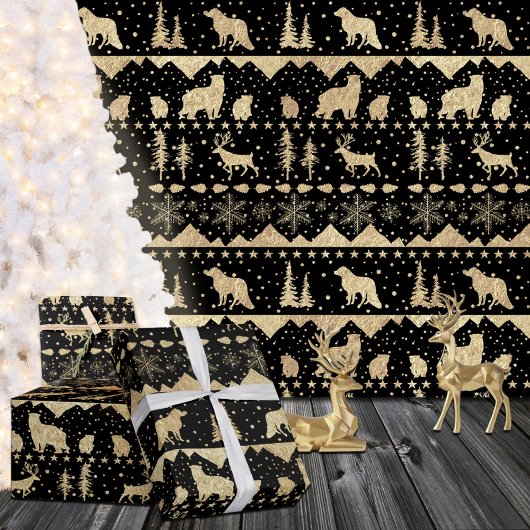 Nordic Sweater Gold Winter Animals Black Cadeaupapier