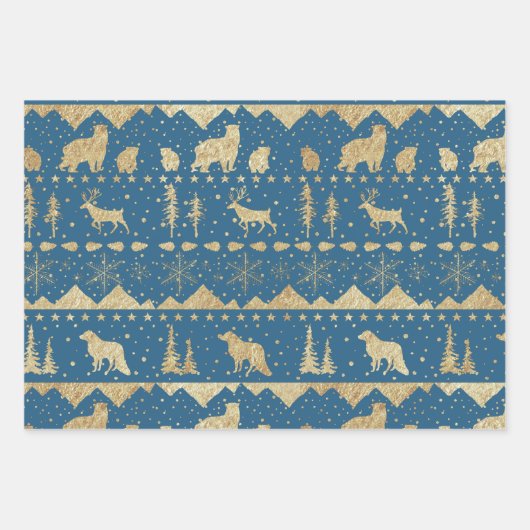 Nordic Sweater Gold Winter Animals Blue Tones Inpakpapier Vel (Voorkant 2)