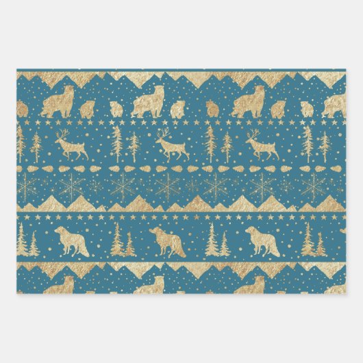 Nordic Sweater Gold Winter Animals Blue Tones Inpakpapier Vel (Voorkant)