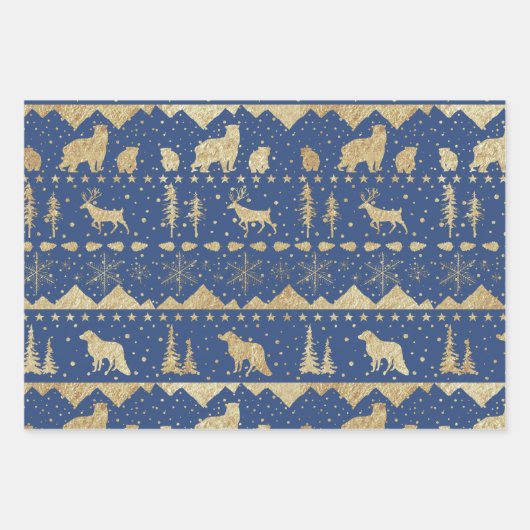 Nordic Sweater Gold Winter Animals Blue Tones Inpakpapier Vel (Voorkant 3)