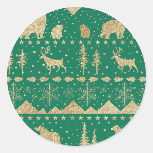 Nordic Sweater Gold Winter Animals Forest Green Ronde Sticker (Voorkant)