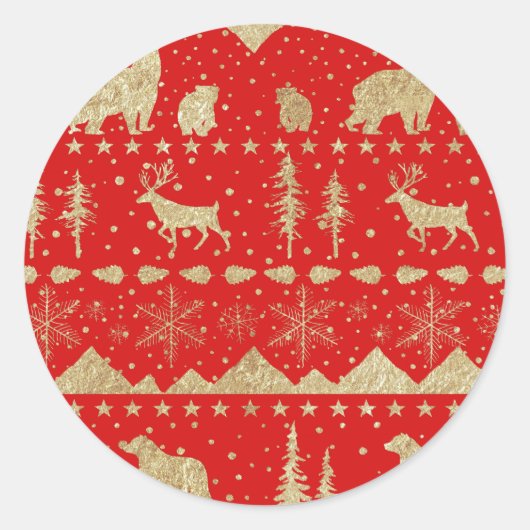 Nordic Sweater Gold Winter Animals Holiday Red Ronde Sticker (Voorkant)
