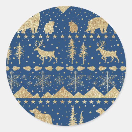Nordic Sweater Gold Winter Animals Navyblauw Ronde Sticker (Voorkant)