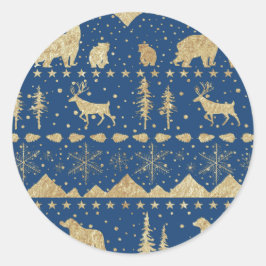 Nordic Sweater Gold Winter Animals Navyblauw Ronde Sticker