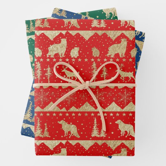 Nordic Sweater Gold Winter Animals Red Blue Green Inpakpapier Vel (In situ)