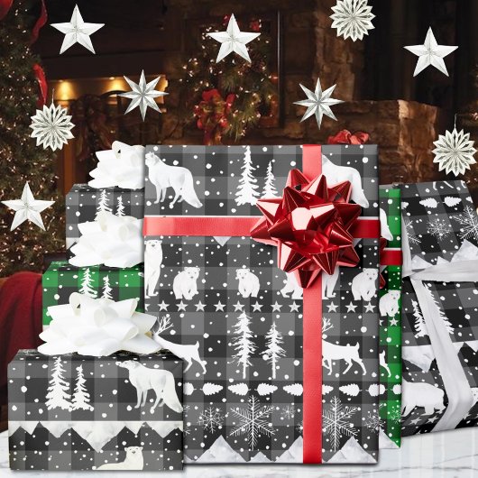 Nordic Sweater Grey Plaid Witte Winter Dieren Cadeaupapier