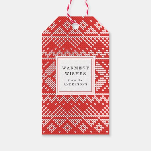 Nordic Sweater Pattern Rood en Wit Vakantie Cadeaulabel (Voorkant)