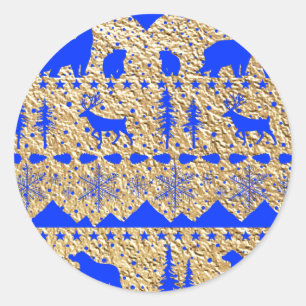 Nordic Sweater Royal Blue Winter Animals Gold Ronde Sticker
