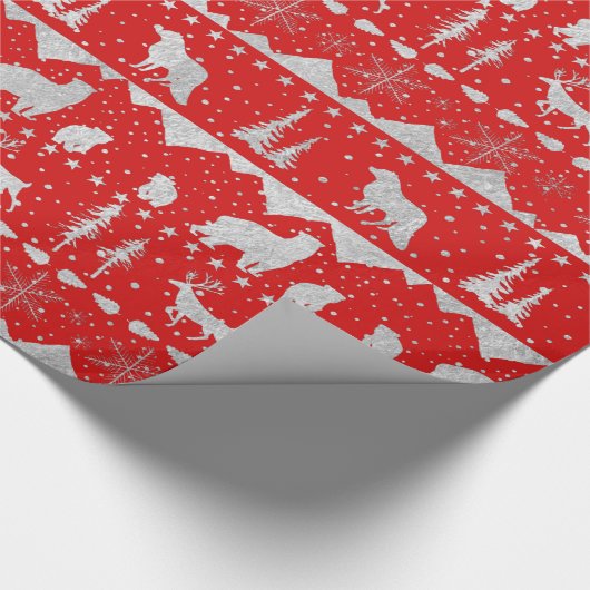 Nordic Sweater Silver Winter Animals Holiday Red Cadeaupapier (Hoek)