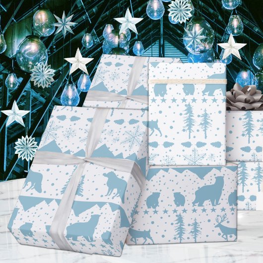 Nordic Sweater Sky Blue Winter Animals White Cadeaupapier