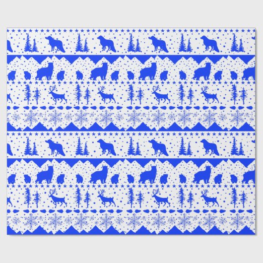Nordic Sweater White en Royal Blue Winter Animals Cadeaupapier (Vlak)