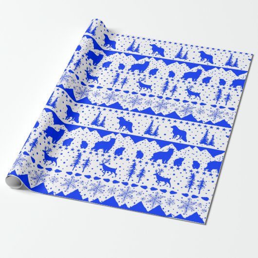 Nordic Sweater White en Royal Blue Winter Animals Cadeaupapier (Uitgerold)