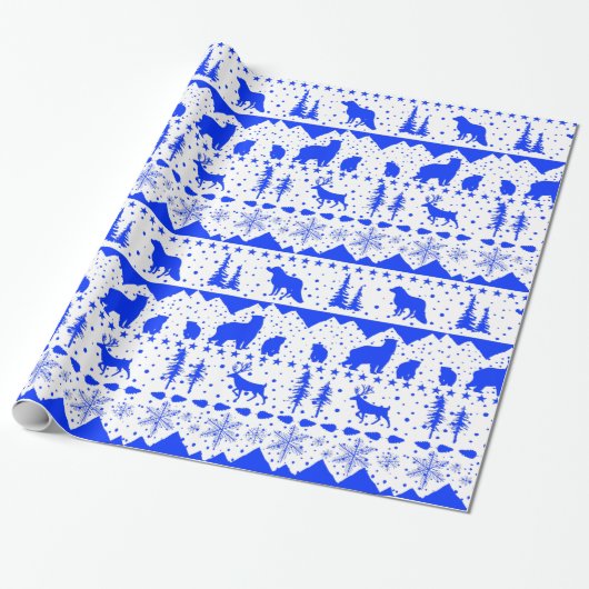 Nordic Sweater White en Royal Blue Winter Animals Cadeaupapier (Uitgerold)