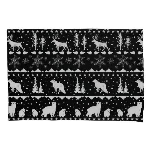 Nordic Sweater White Winter Animals Black Kussensloop (Voorkant-Links)