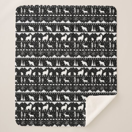 Nordic Sweater White Winter Animals Black Sherpa Deken (Voorkant)
