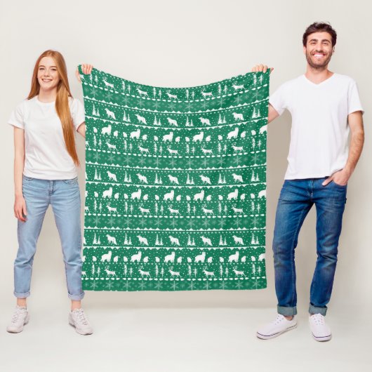 Nordic Sweater White Winter Animals Green Fleece Deken (In situ)