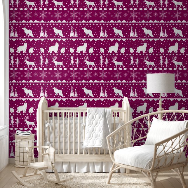 Nordic Sweater Winter Animals French Plum Red Behang (Kinderen)