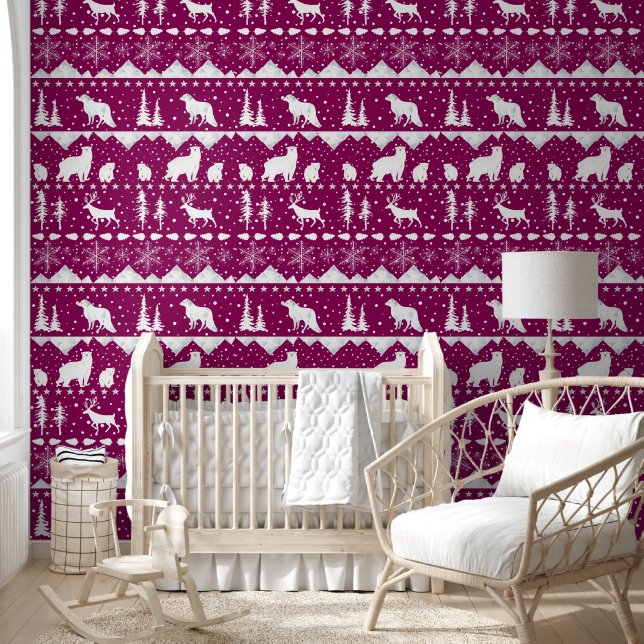 Nordic Sweater Winter Animals French Plum Red Behang (Kinderen)